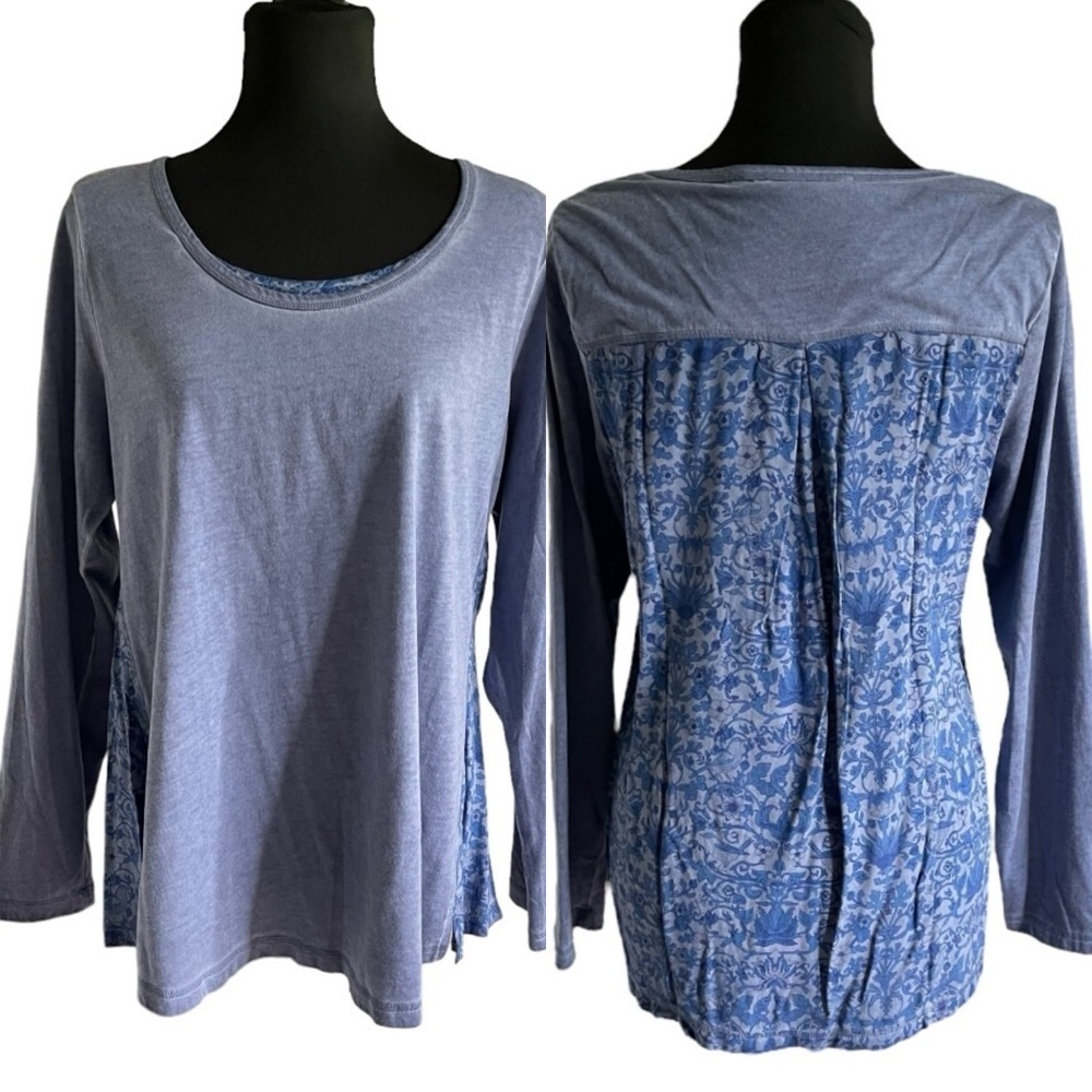 Soft Surroundings Blue Floral Contrast Tunic Top L Boho Cottagecore Long Sleeve